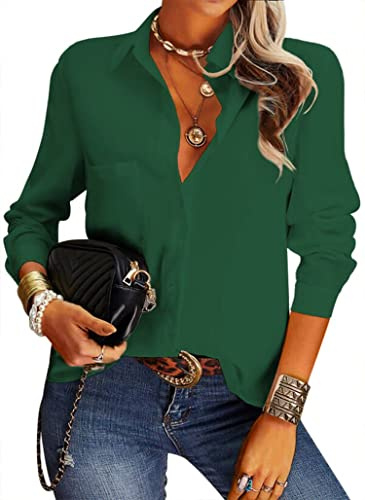 NONSAR Damen Bluse Elegant V-Ausschnitt Hemden Langarm Casual Arbeit Oberteile mit Knöpfen Hemd Lose Langarmshirt Einfarbig Tops