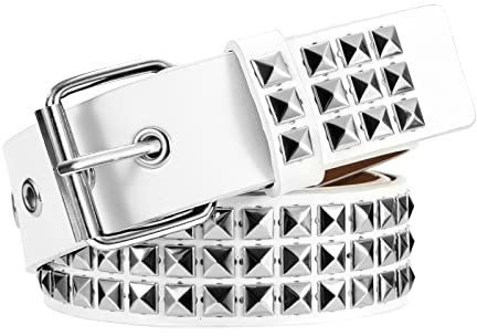 Newellsail Nietengürtel Rock Nieten Gürtel PU Leder Punk Gürtel mit Hellen Pyramiden-Nieten für Damen und Herren Gothic Kleidung Zubehör (Weiß)