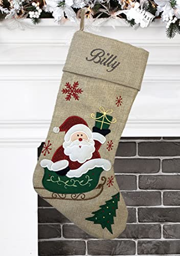 Personalized Christmas Stocking – Reindeer, Santa, Sleigh - Modern Design - Embroidered Name - Large 18.5inch, Beige Color, Family Holiday Season Décor (Sled)