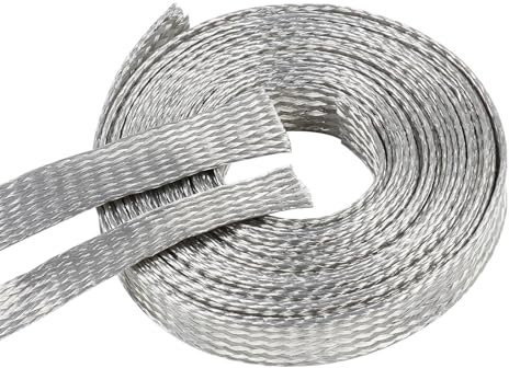 Tinned Copper Braid Cable Wire Shielding Sleeve Ground Straps EMI RFI ESD Protection Flat Metal Mesh Flexible Expandable (9/16 in Wide(0.36 in Dia)-28ft)