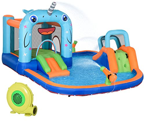 Outsunny 5 in 1 Kids Bouncy Castle Narwhals Style Inflatable House with Slide Trampoline Pool Water Gun Climbing Wall with Inflator Carrybag, 4.2 x 3.7 x 2.3m