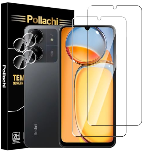Pollachi [2+2 Protector de Pantalla Compatible para Xiaomi Redmi 13C Cristal Templado,2 Piezas Vidrio Templado Y 2 Piezas Protector Camara,Anti-Arañazos,Ultra HD,Antihuellas