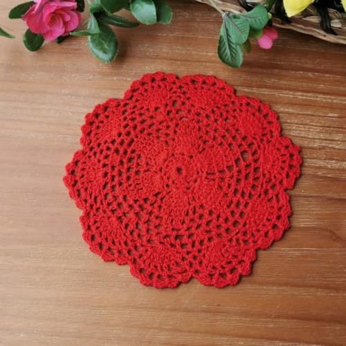 Whakano 2 Stück Handgewebte Retro Spitze Tischsets,Handgefertigter Dekor Makramee Untersetzer,Bestickt Runde Deckchen Untersetzer Vase Matte,zum Küche Wohnzimmer Dekoratio,für Cafés,Restaurants,Rot