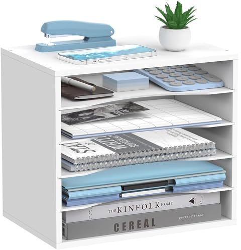 SHARKWOODS 5-Tier Wood Desk Organizer, Paper Tray Organizer for Desk with Adjustable Storage Shelves, Desktop File Organization Paper Sorter Mail Holder for Office Home Classroom, White