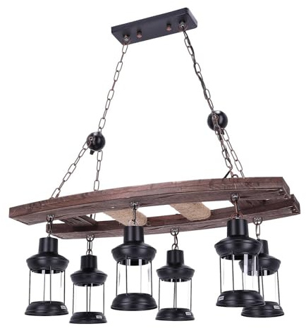 TIBU Hängelampe aus Holz Vintage Lampe Esstisch Wohnzimmer E27 höhenverstellbar 6 flammig Leiter