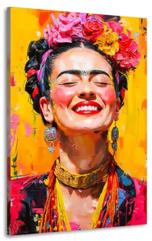 Kunstgestalten24 | Frida Kahlo Lacht Abstrakt Modern Leinwand-Bild | mit Echtholz-Keilrahmen | Leinwandbild Wandbild Kunst Art Gemälde | Hochwertige Kunstdrucke | 60x90cm, 4cm Rahmentiefe