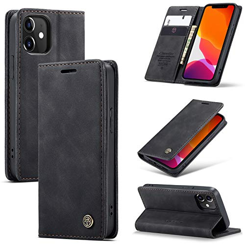 owlhold Handyhülle für iPhone 12/12 Pro Hülle, Premium Lederhülle Weiches Vintage-Nubukleder Faltbare Ständer Klapphülle Kartenfach Standfunktion stoßfest Schutzhülle für iPhone 12/12 Pro -Schwarz