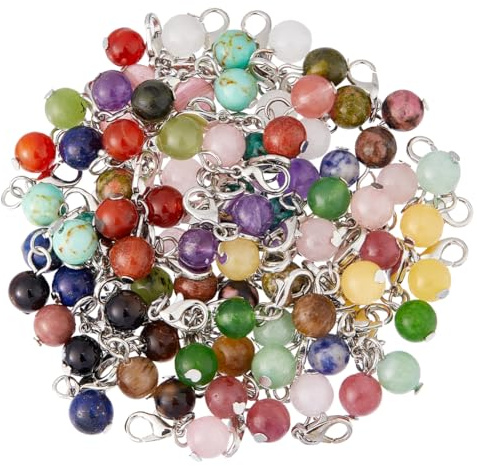 SUPERFINDINGS 80 Stück 20 Farben Clip On Charms Natürliche Edelstein Anhänger Mit Karabinerverschlüssen Runde Kugel Anhänger Baumelnde Perlen Charms Für Die Schmuckherstellung 28mm