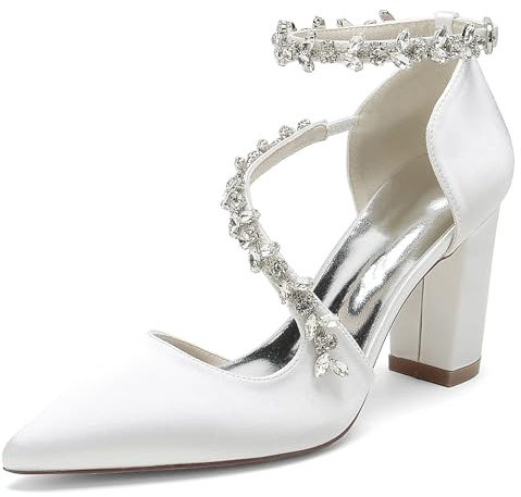 FGRID Scarpe da Sposa Donna con Tacco Alto a Blocchi per la Sposa, Punta Chiusa in Raso Strass Cinturino alla Caviglia décolleté per Feste da Sera Sandali Damigella d'Onore,Bianca,38