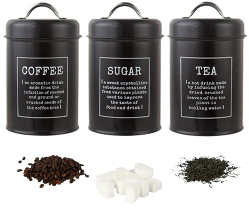 SMELEYOU Svart te kaffe socker behållare 3 st 1 200 ml metall te och kaffebehållare set med lufttäta lock vintage te kaffe socker burkar för mat kex mjöl kakor krydda eller bönor