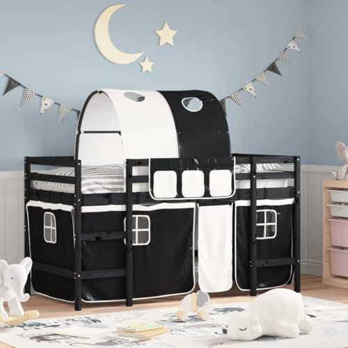 Tidyard Kinderhochbett,Hochbett Komplettset mit Tunnel Vorhängen,Spielbett Bett für Kinder Kinderbett Etagenbett Stockbett Weiß & Schwarz 90x200 cm Kiefernholz