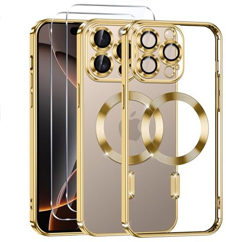 Phoona Cover Placcatura per iPhone 16 Pro Max 6,9 Pollici, Obiettivo per Fotocamera Protezione Completa e 2 × vetro temperato, Compatibile con MagSafe Ricarica Wireless, Protezione Militare, Oro