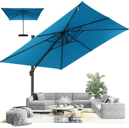 Hotime Parasol 3x3m Parasol de Patio Déporté Extérieur en Aluminium, Réglable en 5 Hauteurs, Imperméable et Anti-UV, Parfait pour Piscine, Terrasse, Usage Professionnel, Bleu Clair