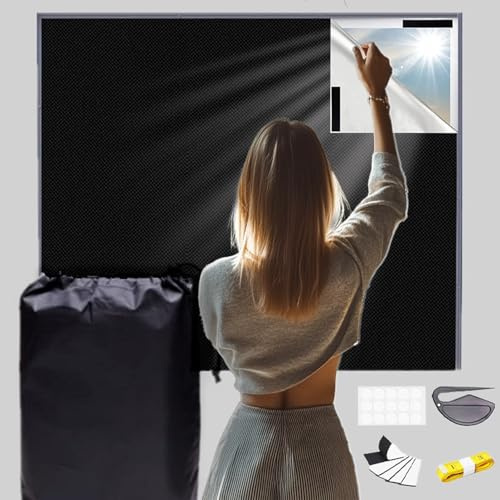 MOLHEM 100% Light Blocking Window Shade - 300x145cm Portable No-Drill Cover with Self-Adhesive Tapes | Customizable Size for Nursery, Travel & Temporary Use (Black)