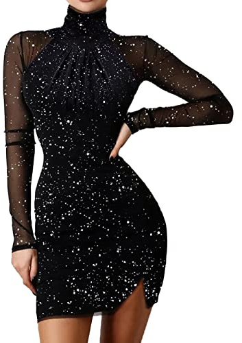Paillettenkleid Glitzer Damen Langarm Kurz,Elegant Cocktailkleid Knielang Ballkleider| Festliche Partykleid Abendkleid Schwarz Tunika Kleid Rollkragen Pailletten Dresses Glänzend Party