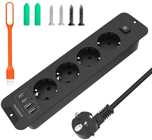 PD 20W Regletas Enchufes con 2 USB y 2 Type-C, 4 Tomas Enchufes Multiple con Interruptor, 4000 W/16A Toma de Empotrar de Sobremesa, Enchufe de Superficie Muebles de Cocina, 2M Cables, Negro