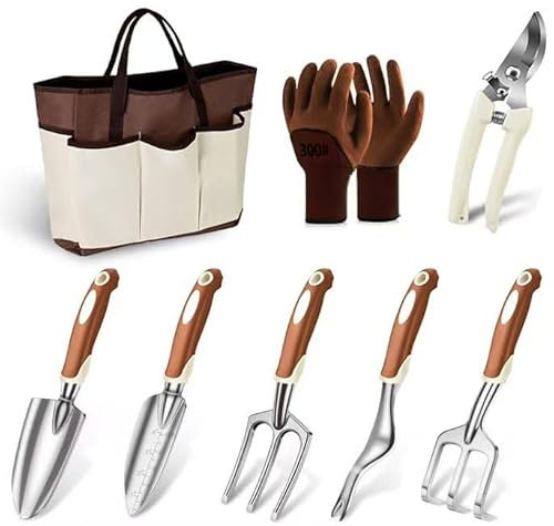 ABRFC Garden Tools Set, ABRFC 11 PCS Aluminum Alloy Steel Hand Tool Gift Kit with Garden Bag, Heavy Duty Gardening Tools, Gardening Gifts for Women & Men (Brown)