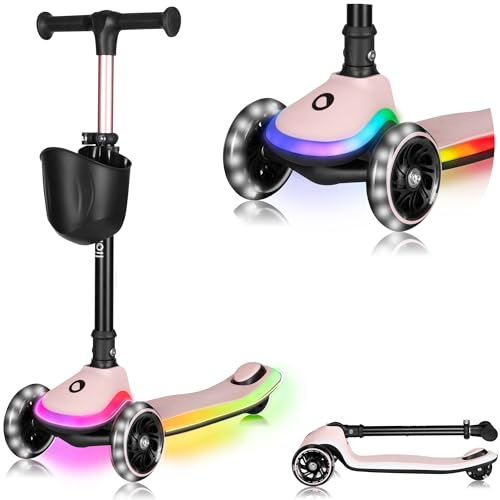 LIONELO Monopattino Bambino a 3 Ruote MEY per bambini da 3 anni fino a 50kg, Monopattino per Bambini con Illuminata e Ruote a LED, Altezza Regolabile, Pedana Antiscivolo, laggero, Cestino (MEY, Rosa)