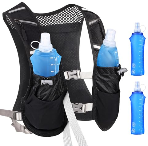Carastek Gilet Running Uomo e Donna, Gilet da Corsa Riflettente Traspirante con 2 Borraccie Morbide 500ml Zaino da Corsa per Maratona Ciclismo Arrampicata