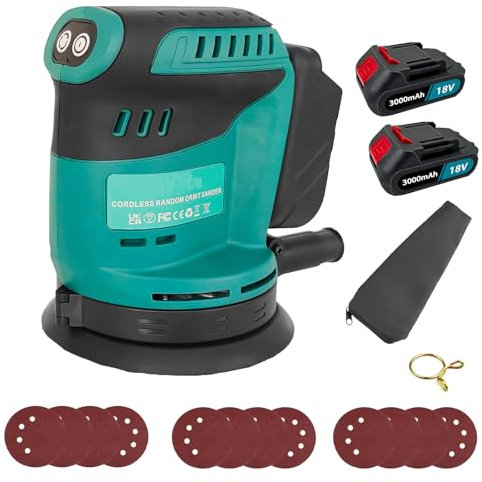 Akku Exzenterschleifer mit 2 Akkus, Ersatz für Makita 18V BL1830, 125mm Kabellose Elektroschleifer mit 12 pcs Schleifpapier,7500-15000RPM,für Holz Metall und Farbe