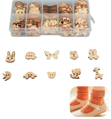 100 Pièces Bouton Bois Animaux Assortis Forme Boutons en Bois avec Deux Trous - Idéal pour Couture, Artisanat, Scrapbooking, Bricolage - Boîte de Rangement Plastique Incluse