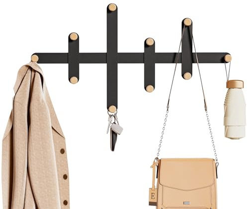 LOFTPLUS Wandgarderobe Garderobe Wand aus Metall - Schwarz Modernes Minimalistisches Design, Garderobenleiste mit 10 Haken aus Holz, Coat Rack Wall für Entryway Wohnzimmer Schlafzimmer Büro