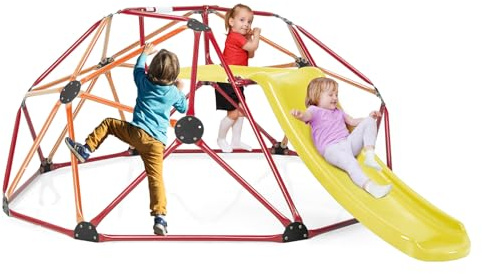 COSTWAY Kletterkuppel mit Rutsche, Klettergerüst in Kuppelform mit Stoffplattform, 180 kg Belastbarkeit, Outdoor & Indoor Spielplatz für Kinder ab 3 Jahren (Orange + Rot,Ø 183cm)