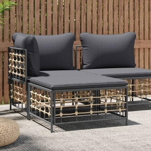 HaoChrymec Gartenhocker mit Dunkelgrauem Kissen aus PE-Rattan, Pulverbeschichteter Stahlrahmen, Komfortabler Fußhocker Outdoor, Kleiner Hocker für Terrasse, Anthrazit, 70 x 70 x 34 cm