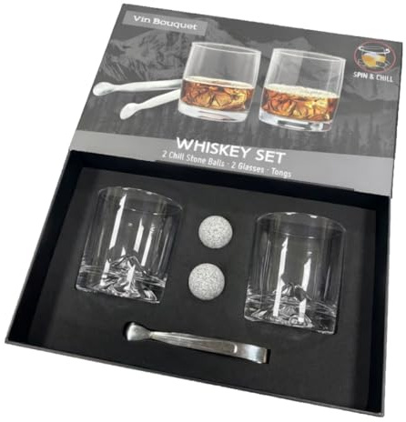 VB VIN BOUQUET FI 1552 Set Set de Whisky Premium con Vasos Diseño Montaña 360 ml, 2 Piedras de Granito Enfriadoras, Pinzas Acero Inoxidable, Presentación en Caja Regalo