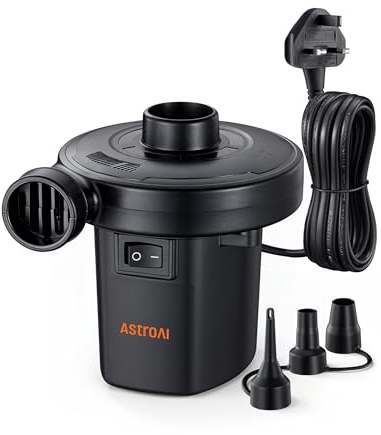 AstroAI Electric Pump for Inflatables, 400L/min Quick-Fill AC Air Pump with 3 Nozzles De/Inflation for Airbed, Mattress, Paddling Pool, Floats, Swimming Ring, Toy Raft, Home & Yard 220-240V UK