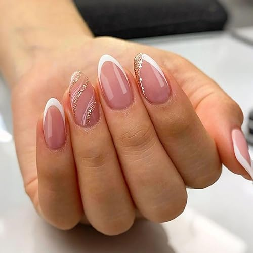 Clawrex Press On Nägel Kurz Mandel, 24 Stück Weiße French Nägel zum Aufkleben mit Gold Glitzer Wellen, Full Cover Künstliche Fingernägel für Frauen, Elegante Kunstnägel für Alltag, Date & Hochzeit