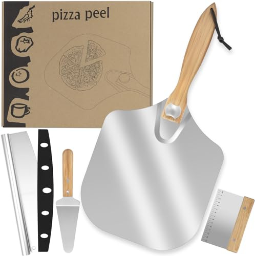 Houbobo Pizza Peel Oven Accessories 4-Piece – 12 inch Aluminum Metal Pizza Paddle with Foldable Wood Handle & Rocker Pizza Cutter, Complete Pizza Making Set for Family Baking Homemade Pizza