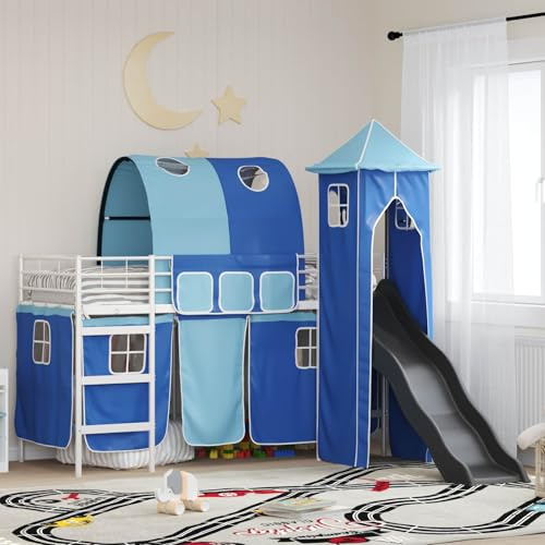 QUAHEAS Kinder Loftbett Weiß Blau 74,5 x 190 cm, Metallrahmen mit Rutsche, Turm, Vorhängen, Spielbett für Kinderzimmer, Einzelbett