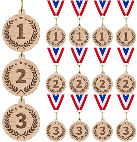 Tenare 12 Pack 1st 2nd 3rd Place Medals for Children, 2 Inch Wooden Medal with Ribbon Awards Prizes for School Sports Day, Football Match, Sports Competition and Party Decorations Gifts