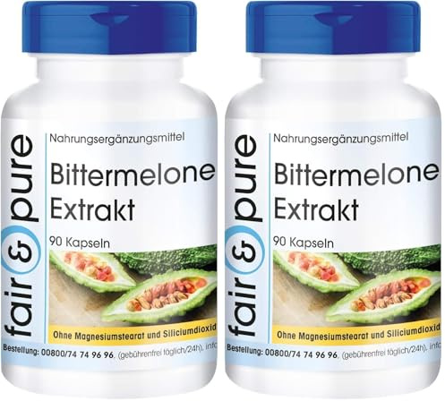 Fair & Pure Bittermelone Extrakt 500mg, 90 Kapseln, mit Chrom, Nahrungsergänzungsmittel vegan ohne Magnesiumstearat, in Deutschland hergestellt (Packung mit 2)