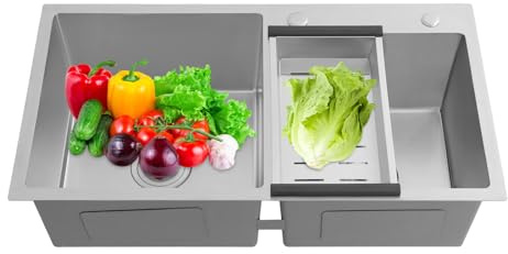 Fregadero de acero inoxidable 78 x 43 x 21 cm con escurridor, fregadero de cocina con escurridor, 2 cuencos, para empotrar en la parte inferior y empotrada, fregadero de cocina con desagüe para cocina