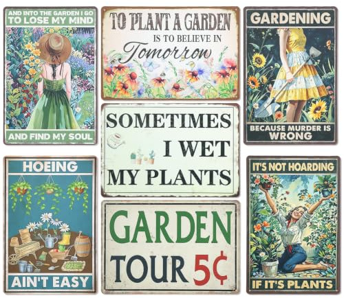 CWAGRQ 7 Pcs Vintage Metal Garden Signs, 30x20cm, Funny Garden Wall Plaques | Shabby Chic Style, Retro Wall Art Iron Paintings for Patio, Balcony & Yard, Decor Gifts for Plant Lovers, Mothers, Grandmas