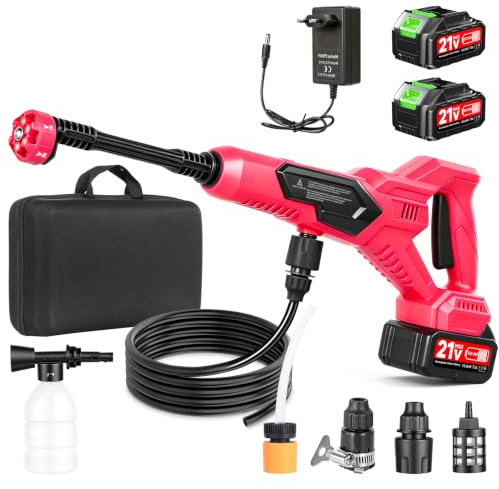 wowspeed Idropulitrice portatile a batteria, 21 V, 120 bar, ugello multifunzione 6 in 1, batteria portatile con 2 batterie, tubo da 5 m, custodia per auto, terrazza