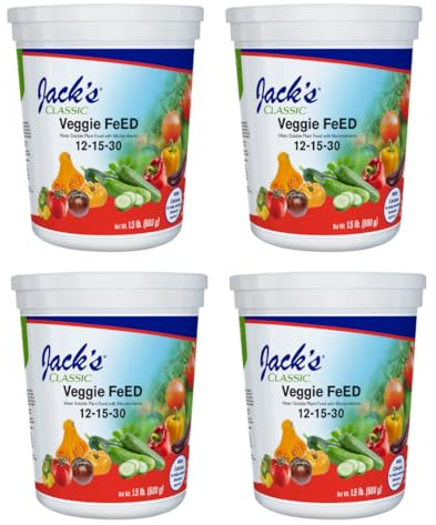 Jack's Classic 12-15-30 Veggie Feed Water-Soluble Fertilizer with Micronutrients, 1.5lbs, 4 Pack - Plant Growth and Abundant Fruit Set in Blooming Vegetable Plants