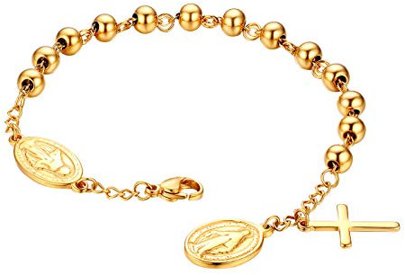 Flongo Rosenkranz Herren Armband Damen Armkette Kette, Edelstahl Kugelkette Armreif Gold Golden Jungfrau Maria Heilige Maria Mutter Gottes mit Kreuz Medallion Anhänger