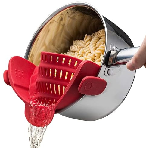 Kitchen Gizmo Snap N' Strain - Silicone Clip-On Colander, Heat Resistant Drainer for Vegetables and Pasta Noodles, Kitchen Gadgets for Bowl, Pots, and Pans - Essential Home Cooking Tools - Red
