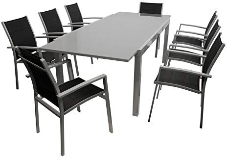 DEGAMO Gartengarnitur Marina 9-teilig, 8X Stapelsessel aus Aluminium Silbergrau und gepolstertem Textilgewebe in schwarz sowie 1x Ausziehtisch Aluminium + Glas 180/240x100cm, Silbergrau