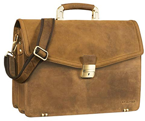 STILORD Lazarus Aktentasche Leder Groß Herren Damen Businesstasche 15,6 Zoll Laptoptasche Umhängetasche XL Schloss für Trolley aufsteckbar Echtleder Farbe:Torino - braun