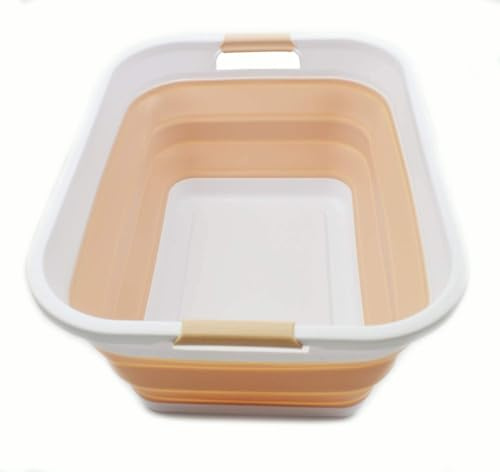 SAMMART Faltbarer Wäschekorb aus Kunststoff, 41 l, faltbar, Pop-Up-Aufbewahrungsbehälter/Organizer, tragbarer Waschbecken, platzsparender Wäschekorb (Weiß/Beige)