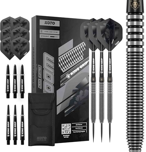 KOTO - Zoom Black Electro 90% Tungsten Darts, 21G-25G, Schwarz, Dartpfeile Inkl. 3 Barrels, 6 Flights & 6 Shafts | 25 G Steeldart Pfeile, Inkl. 3 Barrels, 6 Dart Flight & 6 Shaft, Ringgriff für Balance, Lasergravur, Dart Wallet