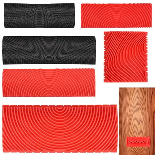 Worldity 6PCS Empaistic Wood Grain Graining Pattern, Rubber Grain Painting Tool Wall Texture, Pattern Paint Roller for Wall Floor Furniture DIY Decoration(Black,Red)