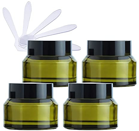 ZEOABSY 4 Stück Leere Schräg Grün Glas Cremedose 30ml mit Schraubdeckel, Grünglas Schraubdose Glas-Tiegel Glas-Dose Salbentiegel Kosmetik-Dose für Gels Cremes + 4X Spatel