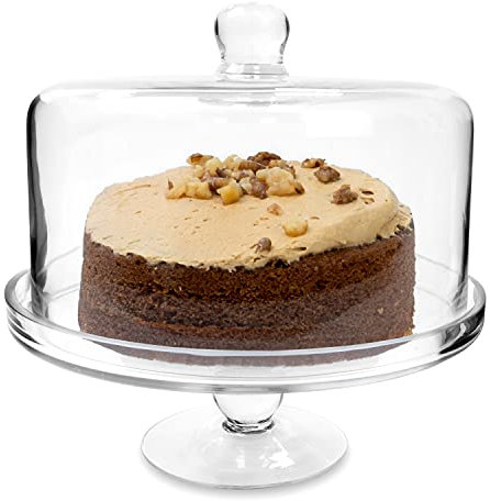 Drinkstuff Glass Cake Stand with Dome – 25.5cm Round Serving Display, Clear Glass Dessert Stand with Lid for Cakes, Pastries, Cheese & Parties – Elegant Home Entertaining Centrepiece