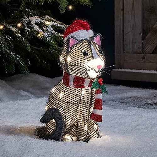 Lights4fun Outdoor Light Up Cat Christmas Figure Garden Decoration with 30 Warm White LEDs & Timer 46cm