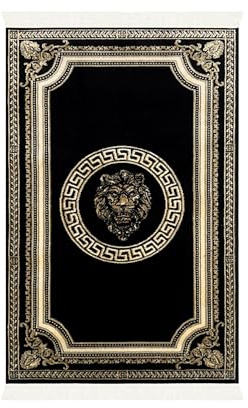 Belle Arti Premium Mäander Löwen Kopf Designer Teppich Wohnzimmer Schlafzimmer Esszimmer Teppich in Schwarz Gold - Kurzflor Antirutsch mit Fransen - modern weich Seidenglanz - 100% Viskose - 67x105 cm